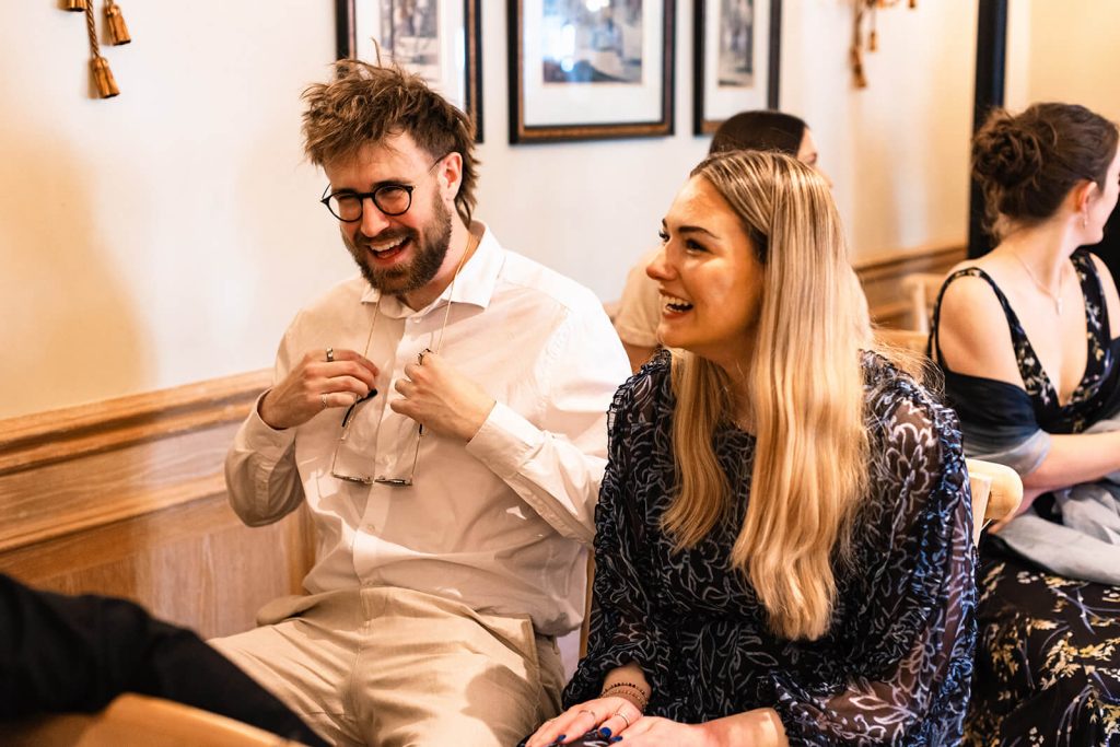 wedding guests laughing at the Macdonald Compleat Angler